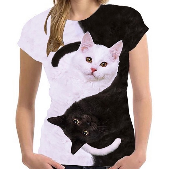 Tops - Unisex Ying Yang Cat Short Sleeve Shirt - 8